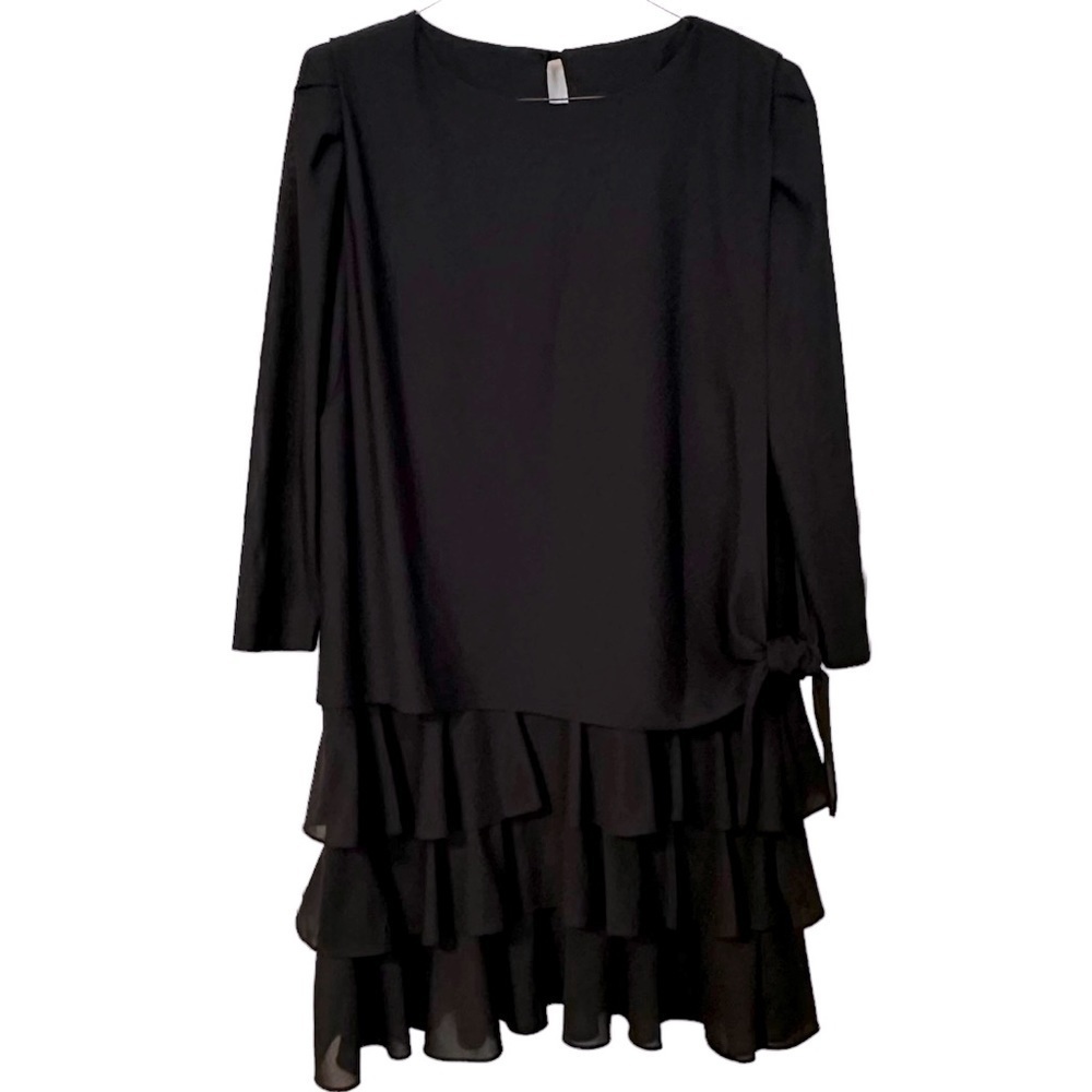 T Fe Vtg. Stunning Black Three Tiered Side Tie Long Sheer Sleeve Dress Sz 16